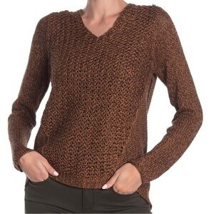 RDI Sweater Brown Cognac Knit Hi Low V-Neck M Chunky Knit Casual